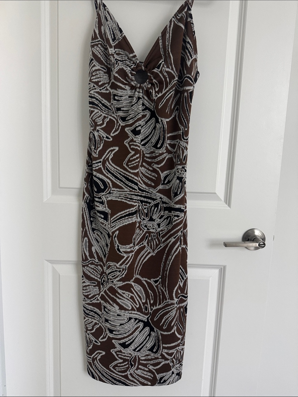 Zara Brown Floral-Print Midi Slip Dress with Ring Detail